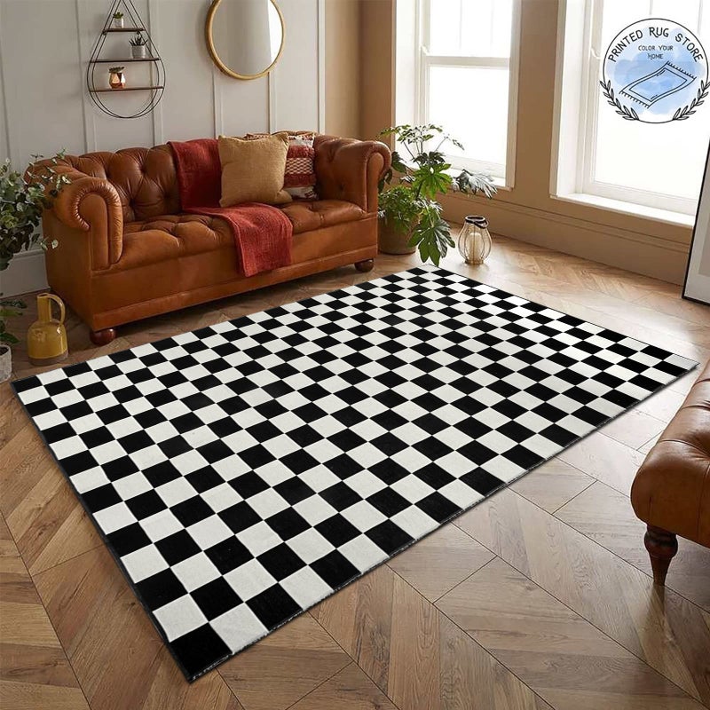 Seavish Checkered Rug, 5x8 Ft Black and White Rug, Retro Moroccan Checkerboard Rugs, Lightweight Outdoor Washable Area Rug, Rustic Floor Carpet Decor for Living Room Bedroom Dining Room Patio - Image 1
